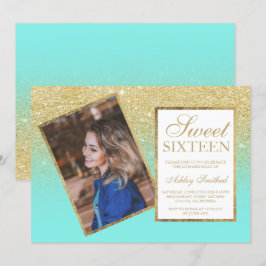 Convite Chic gold frame teal ombre foto Sweet 16