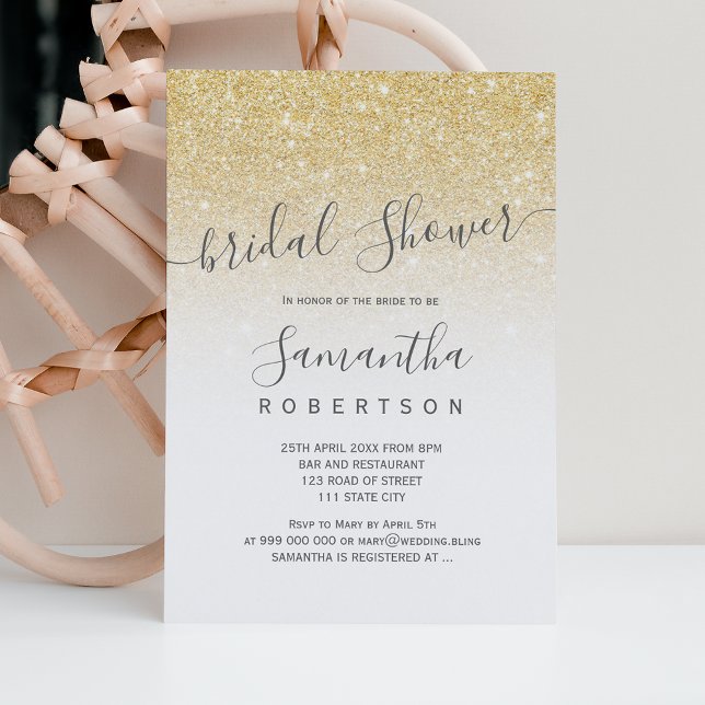 Convite Chic gold glitter white script bridal shower (Criador carregado)