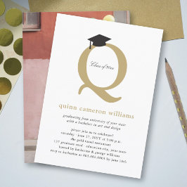 Convite Chic Gold Inicial 'Q' Boina de Formatura Festa de