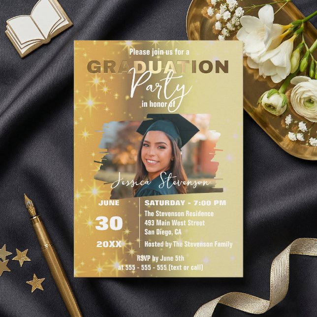 Convite Chic Gold Sparkly Metallic Photo Graduation Party (Criador carregado)