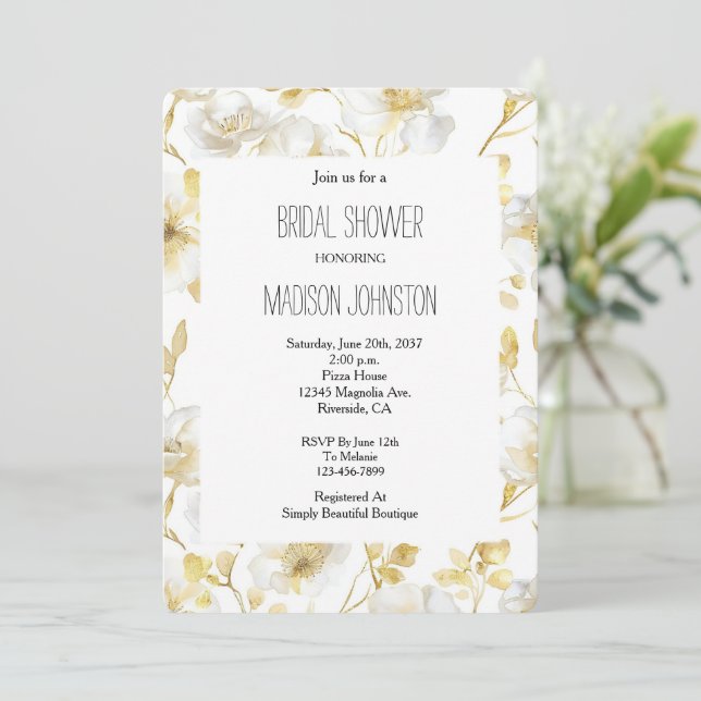 Convite Chic Gold White Flowers Bridal Shower (Em pé/Frente)