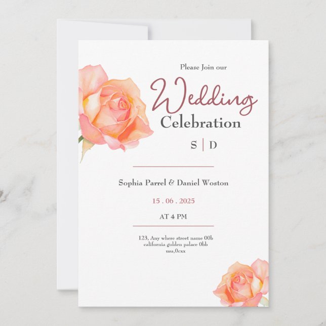 Convite Chic golden peach blush roses wedding invitation (Frente)
