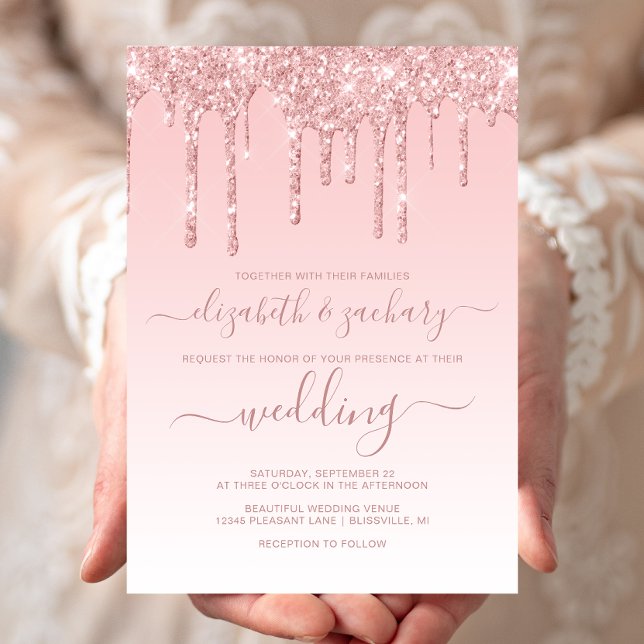 Convite Chic Gotejamento Brilho Rosa Casamento (Criador carregado)