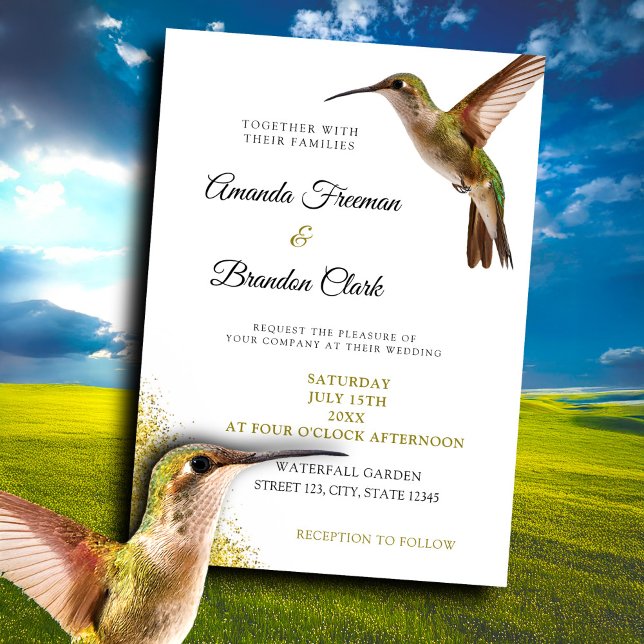 Convite Chic Green Hummingbird e Dourado Casamento de Poei (Criador carregado)