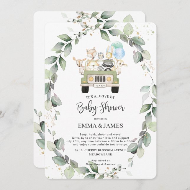 Convite Chic Greenerescer Woodland Drive Por Chá de fralda (Frente/Verso)