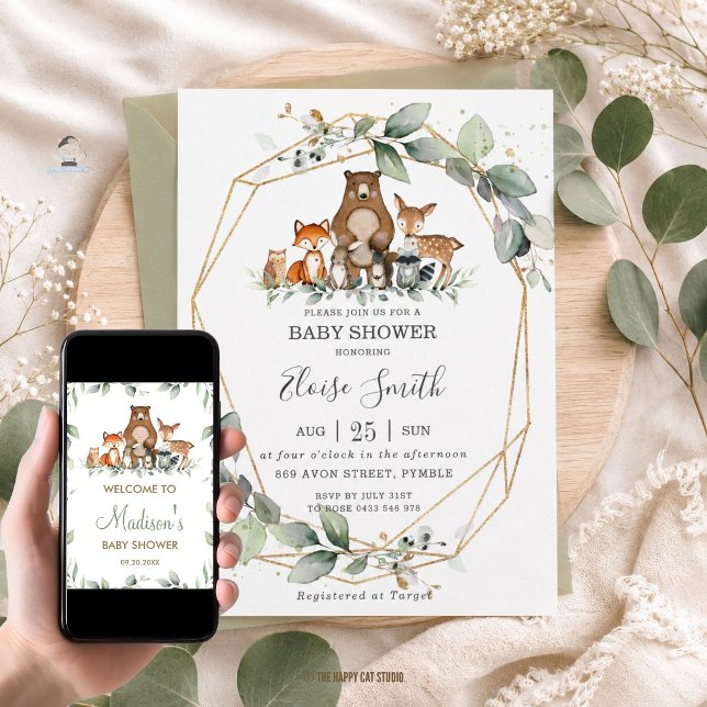 Convite Chic Greenery Animais da Floresta Chuvada de Bebê  (woodland animals greenery gold geometric baby shower invitation card printed and digital download)