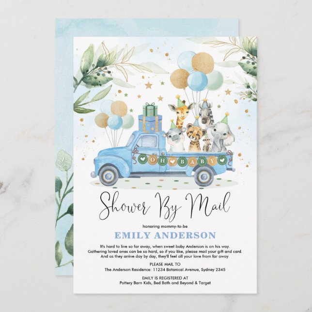 Convite Chic Greenery Blue Dourado Safari Chá de fraldas P (Frente/Verso)