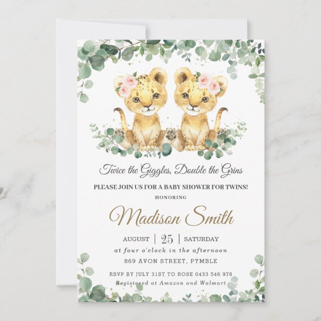 Convite Chic Greenery Lion Cubs Twins Girls Baby Shower (Frente)