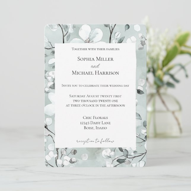 Convite Chic Grey Blue White Floral Wedding (Em pé/Frente)