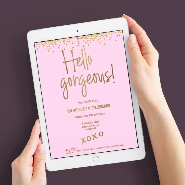Convite Chic Hello Garganta Galentina Dourada Confetti Ros (Digital download available for this "Hello Gorgeous!" xoxo Galentine's day pink and gold invite)