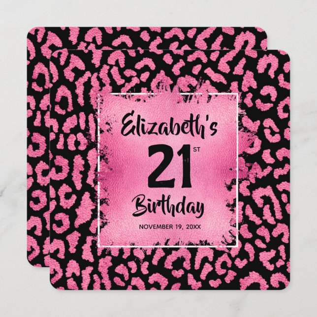 Convite Chic Hot Pink Leopard Print 21st Birthday  (Frente/Verso)