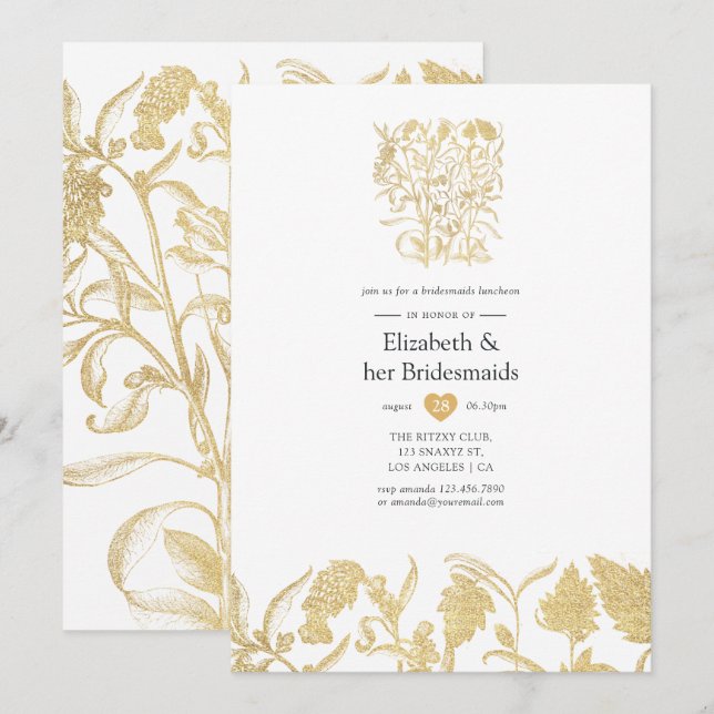 Convite Chic Jantar de Damas de Honra Floral a Ouro (Frente/Verso)