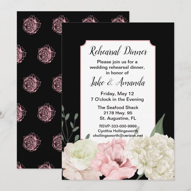 Convite Chic Jantar de Ensaios de Casamento Preto (Frente/Verso)