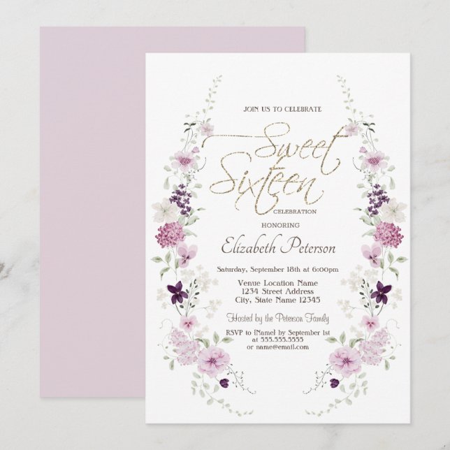 Convite Chic Lavanda Flores Silvestres Sweet 16 (Frente/Verso)