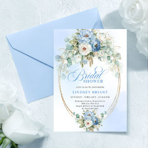Convite Chic Light Blue Peony Acento Dourado Chá de Noiva