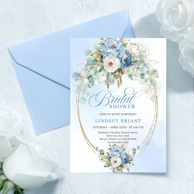 Convite Chic Light Blue Peony Acento Dourado Chá de Noiva (Chic Light Blue Peony Gold Accent Bridal Shower

)