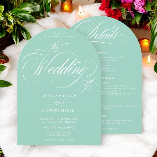 Convite Chic Light Teal tudo em um casamento de caligrafia (Chic light teal all in one calligraphy wedding invitation)