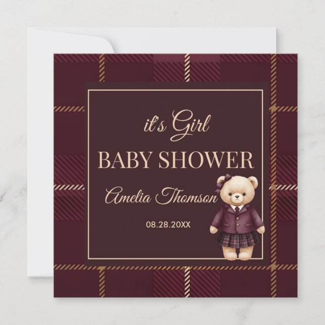 Convite Chic Luxo Urso de Pelúcia chá de bebê  (Frente)