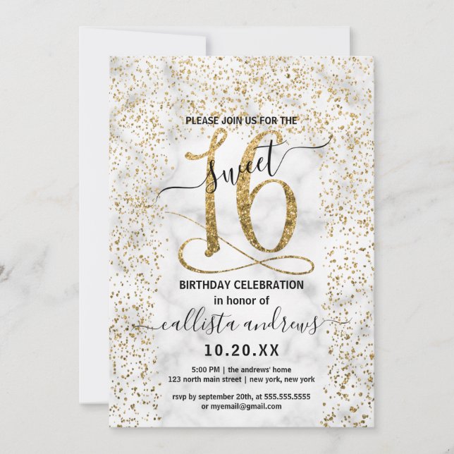 Convite Chic Marble Dourado Confetti Border Sweet 16 (Frente)