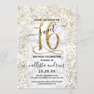 Convite Chic Marble Dourado Confetti Border Sweet 16