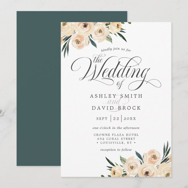 Convite Chic Marfim Rosa Floral Casamento (Frente/Verso)