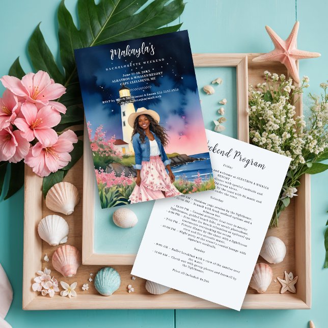 Convite Chic Marine Landscape Lighthouse Afroamerican Girl (Chic Marine Landscape Lighthouse Afro American Bride To Be Bachelorette Weekend Invitations Cards.)