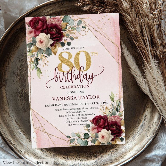 Convite Chic Maroon Blush Dourado Rosa 80 Aniversário (Chic Maroon Blush Gold Roses 80th Birthday Invitation)