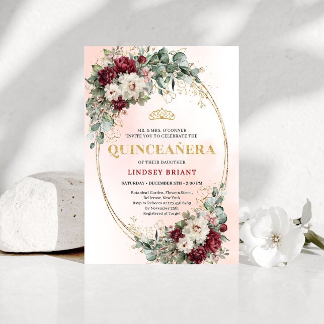 Convite Chic Maroon Peony Eucalyptus 15th Birthday Invite (Chic Maroon Peony Eucalyptus 15th Birthday Invite

)