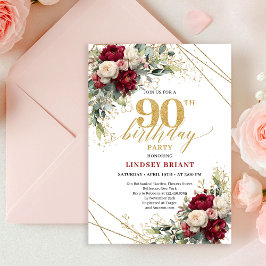 Convite Chic Maroon White Gold Roses 90th Birthday Invite
