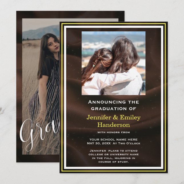 Convite Chic Marron photo double graduation Announcement (Frente/Verso)