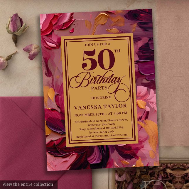 Convite Chic marsala esfrega ouro floral 50 anos (Chic marsala blush gold floral 50th birthday invitation

)