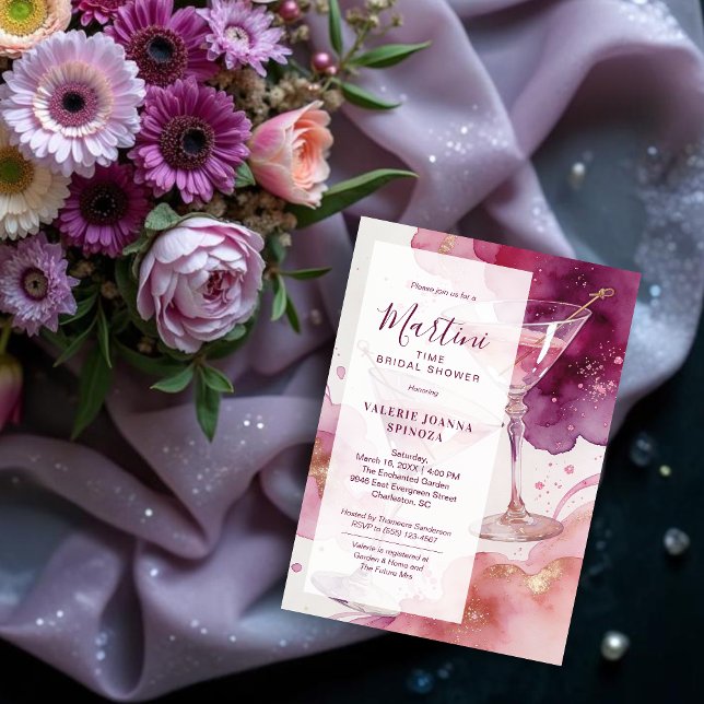 Convite Chic Martini Tempo Brilho Chuveiro de Noiva (Chic Martini Time Glitter Effect Bridal Shower Invitation Cards.)