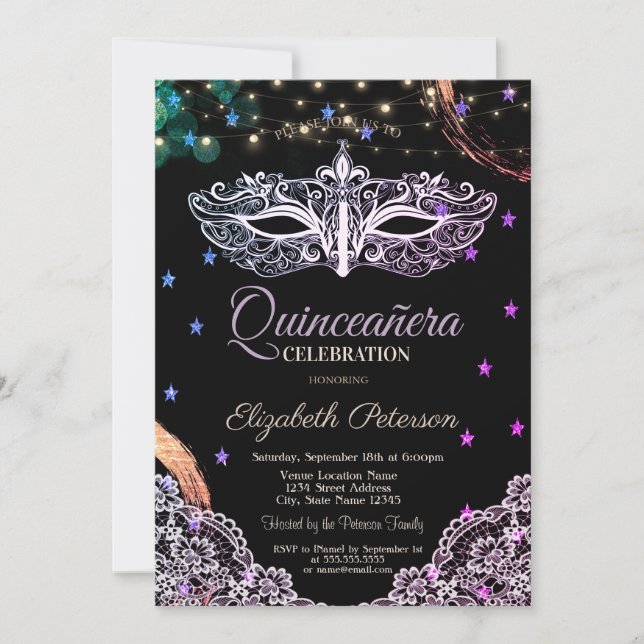 Convite Chic Masque,String Lights,Lace,Stars Quinceañera (Frente)