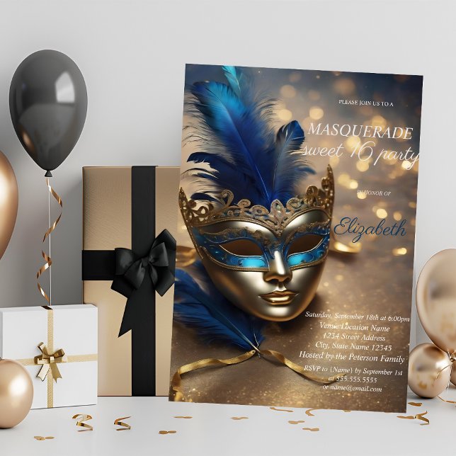 Convite Chic Masquerada Máscara Azul Bokeh Sweet 16  (Criador carregado)