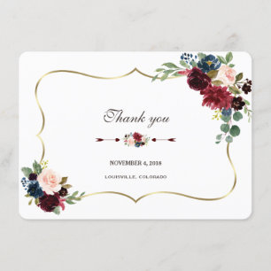 Convite Chic Merlot Azul Marinho Floral Casamento Obrigado