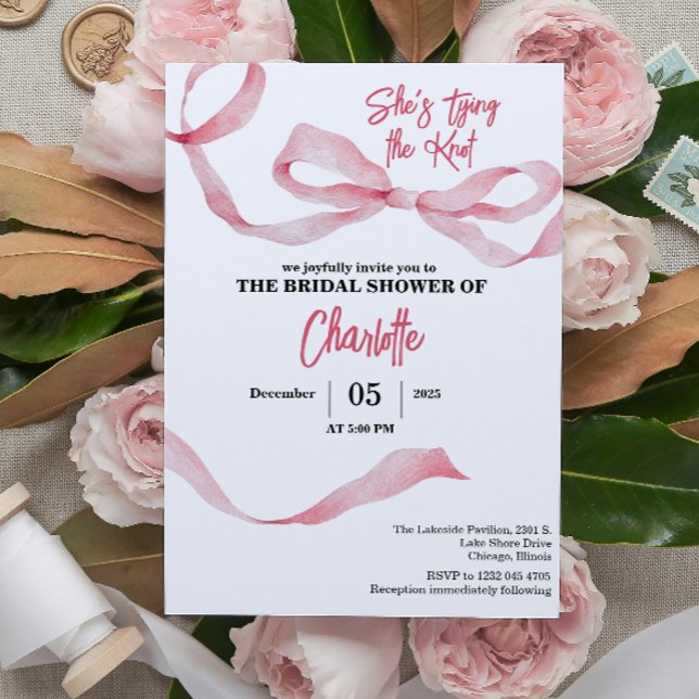 Convite Chic Minimal She's Tying the Knot Bridal Shower  (she's tying the knot pink bridal shower elegant minimal feminine typography whimsical simple)