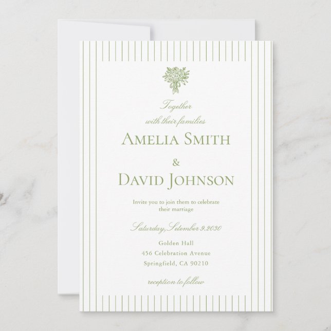 Convite Chic Minimalist Stripe Green Wedding Invitation  (Frente)