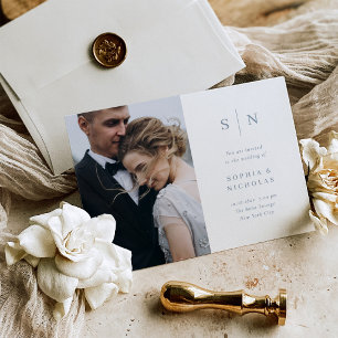 Convite Chic Minimalista Casamento Foto Azul Branco e Em
