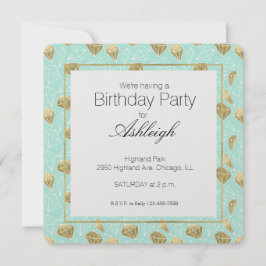 Convite Chic Mint e Dourado Diamantes Aniversário