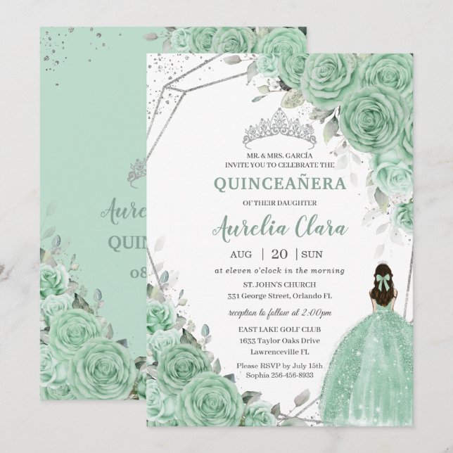 Convite Chic Mint Green Floral Princesa Silver Quinceañera (Frente/Verso)