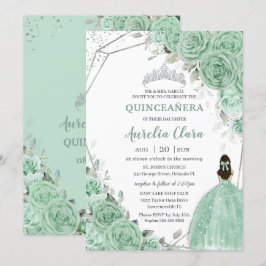 Convite Chic Mint Green Floral Princesa Silver Quinceañera