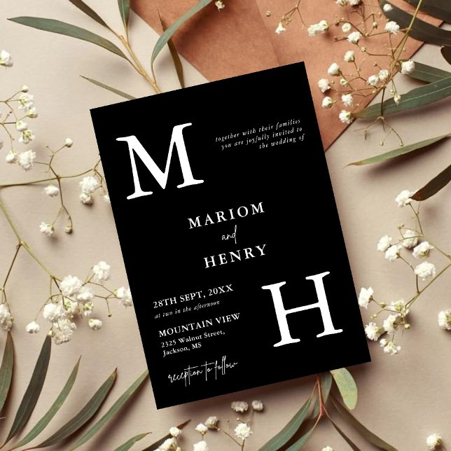Convite Chic Modern Monogram Initial Black White Wedding (Chic black and white monogram invitation adds personalized elegance to your wedding day)