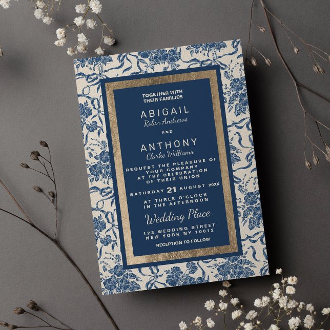 Convite Chic Modern Vintage Marinho de Marfim Casamento Fl (Chic Modern Vintage Ivory Navy Blue Floral Wedding)