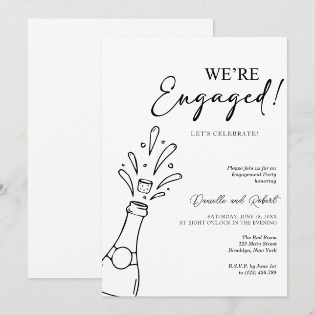Convite Chic Modern We're Engaged Black Champagne Party (Frente/Verso)