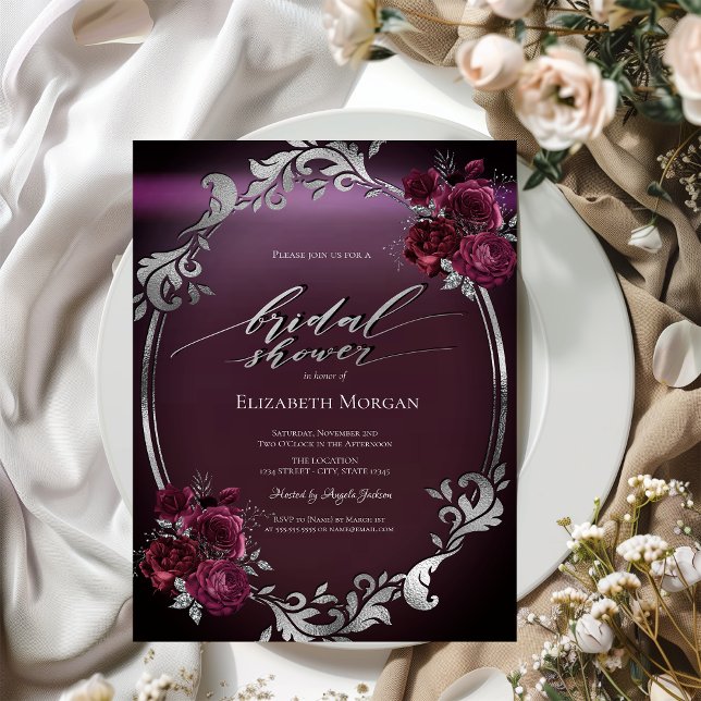 Convite Chic Moldura Prata Burgundy Rosas Chá de Bebê de N (Criador carregado)