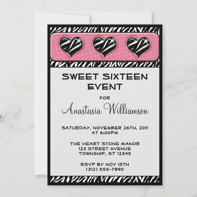Convite Chic My Heart Zebra Print Pink Birthday Invites (Frente)
