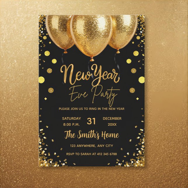 Convite Chic New Year' Eve Party Gold Glitter Black  (Criador carregado)