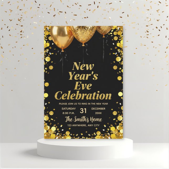 Convite Chic New Year' Eve Party Gold Glitter Black  (Criador carregado)