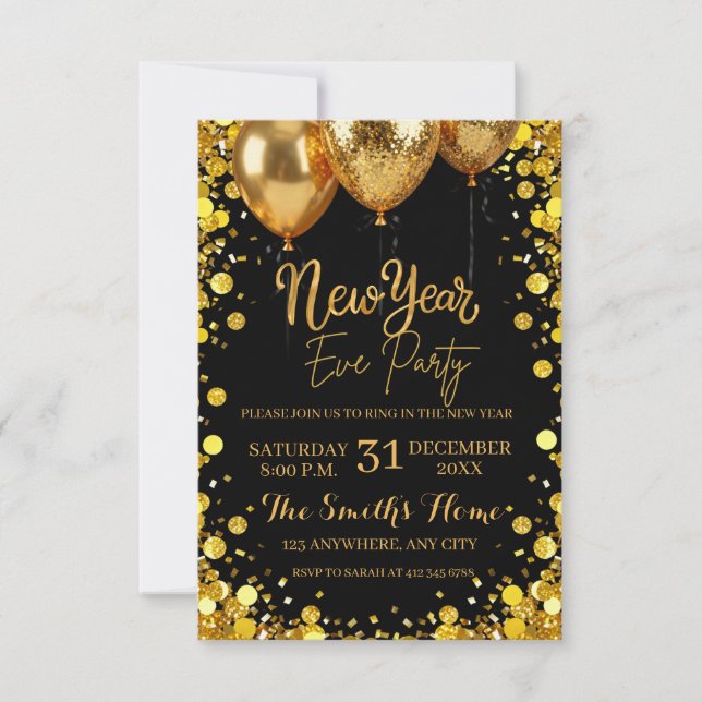 Convite Chic New Year' Eve Party Gold Glitter Black  (Frente)