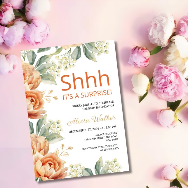 Convite Chic Orange Peony Dourada Leaf Surprise Birday (Criador carregado)